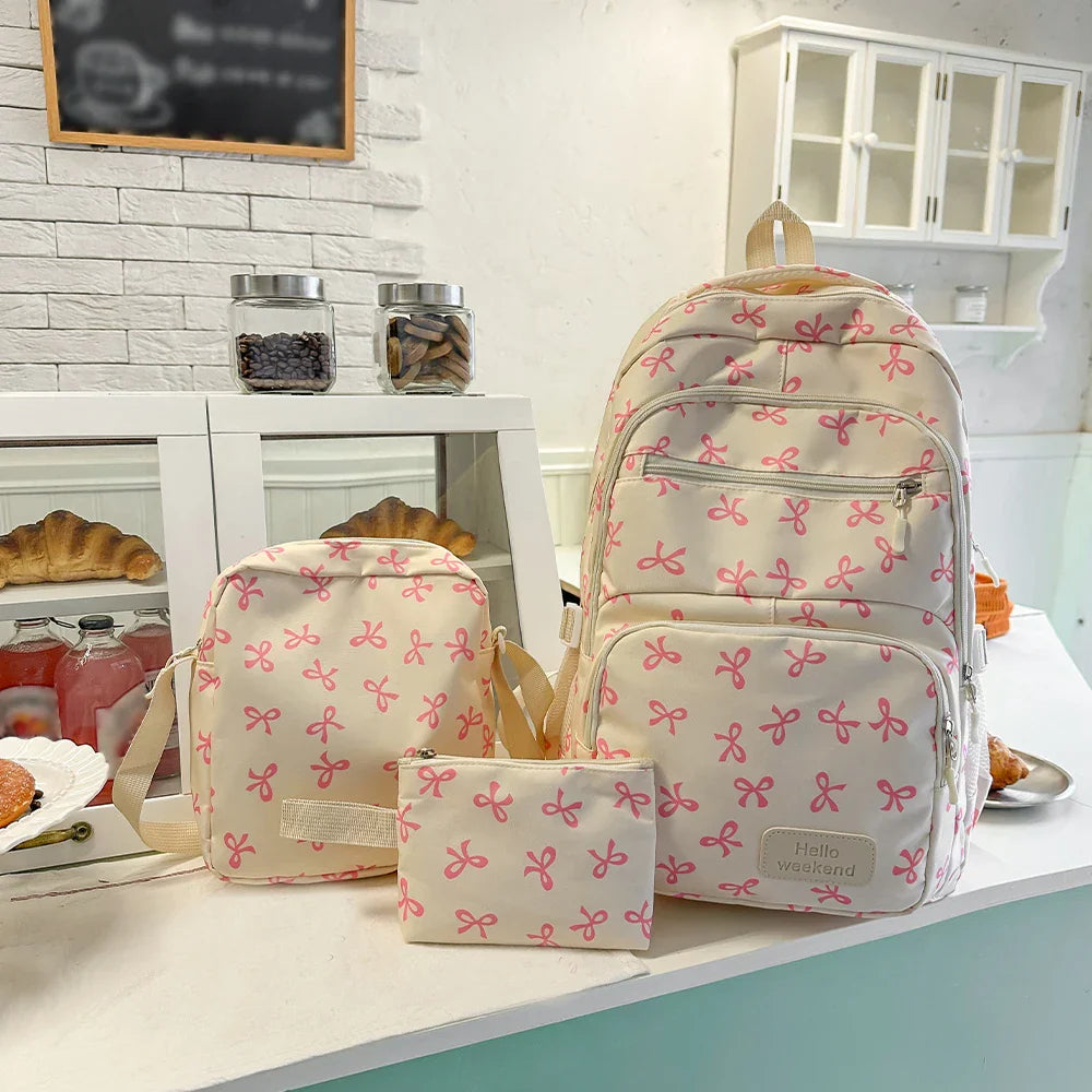 Korean Fashion Bow Print Women's Fashion Backpack Lightweight Simple Student Schoolbag Female Bag Set Three-Piece