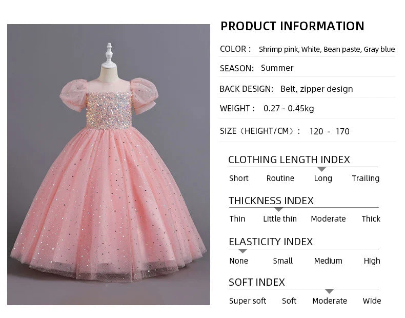 Children's Dress Girls' Princess Sequin Bubble Sleeve Long Mesh Flower Little Girl Wedding For Summer