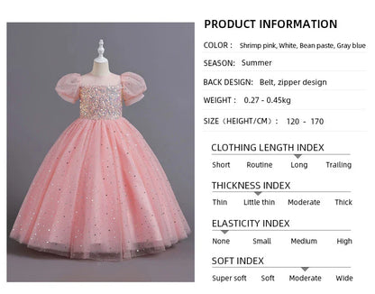 Children's Dress Girls' Princess Sequin Bubble Sleeve Long Mesh Flower Little Girl Wedding For Summer