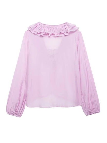 Women Fashion Long Sleeve V Neck Tierred Ruffles Loose Blouse Female Solid Color Casual Shirts Blusas Chic Tops LS6317