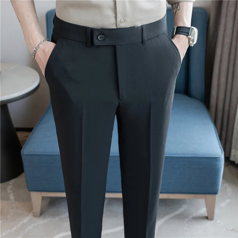 Stretch Solid Color Men's Trousers, Suitable for Business Casual, Parties, Formal Events, and Ankle-length Slim Pants.28-40