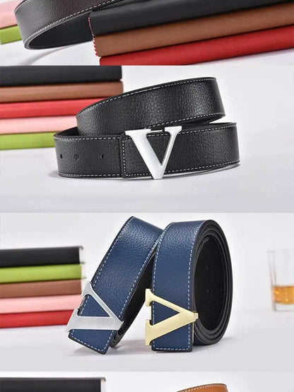 Men's high-end belt with smooth buckle; Korean style fashion trend letter V belt; men's belt