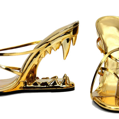 Big Gold Chain Peep Toe Tiger Teeth Heel Sandals 2024 New Fashion Silvery Beach Party Outdoors Women's Slippers Size 35-43