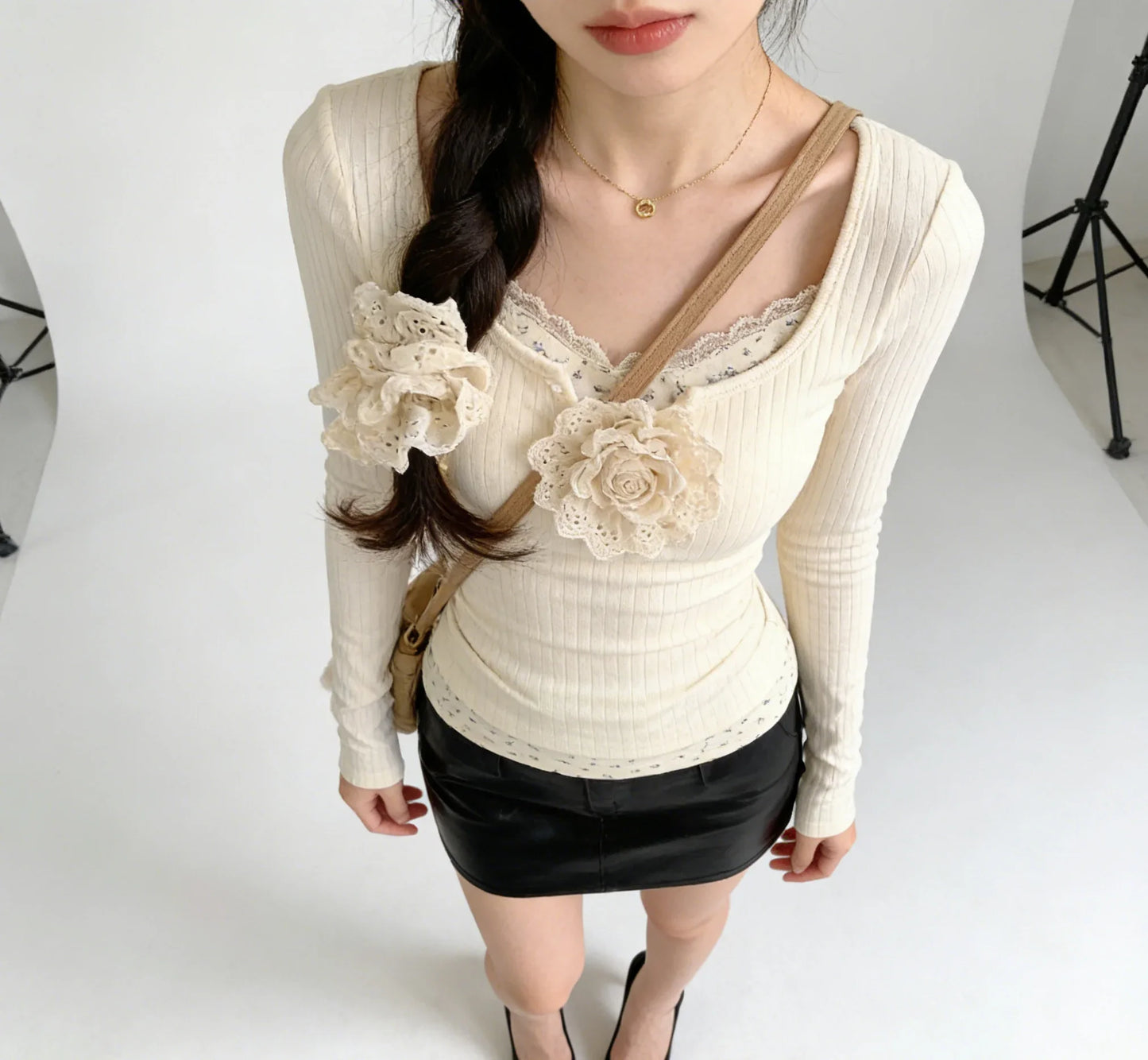 2026 Women's Fashion Trend Solid Color Sexy Lace Jacquard Two-Piece Long-Sleeve T-Shirt Y2K Slim Fit Sweet & Spicy Girl Shirt