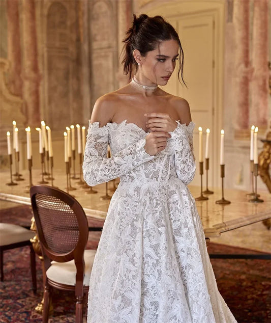 Modern Sweetheart A-Line Wedding Dress Long Sleeve Bridal Gown Customizable Evening Dress فساتين سهره فخمه 2026