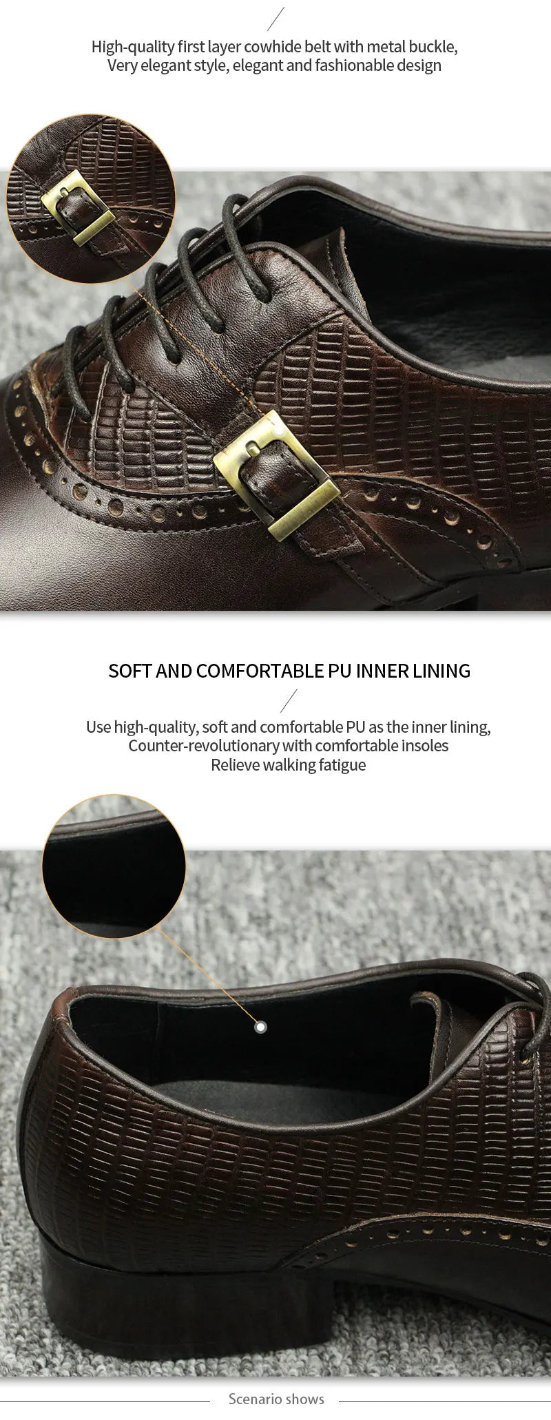 Genuine Leather Brogue Shoes Formal Oxford Lace-up  Dress Shoes Handcrafted Male Business Office Man Side Metal Buckl