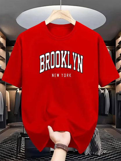 Men's Summer 100% Cotton Fashionable Casual Loose Brooklyn New York Printed Sports Round Neck Short Sleeved T-shirt Top