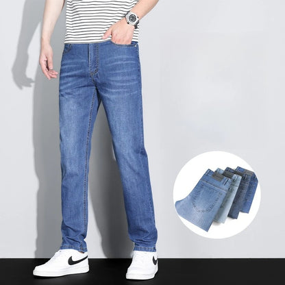 Men's Ice Silk Denim Cargo Pants Summer New Thin Business Casual Jeans Outdoor Y2K All Match Slim Fit Straight Elastic Jean Male