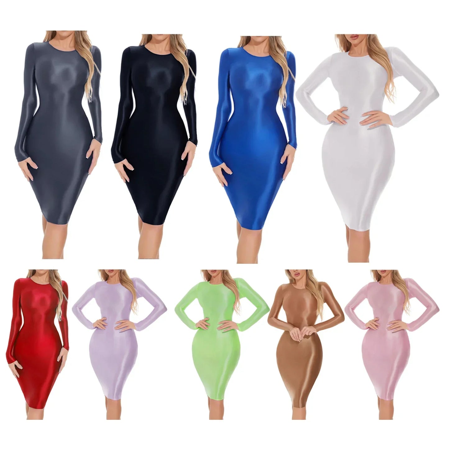 Womens Oil-shiny Bodycon Dress Long Sleeve Hip Wrap Sleep Dress Sexy Nightwear for Clubwear Performance Cocktail Party Costume