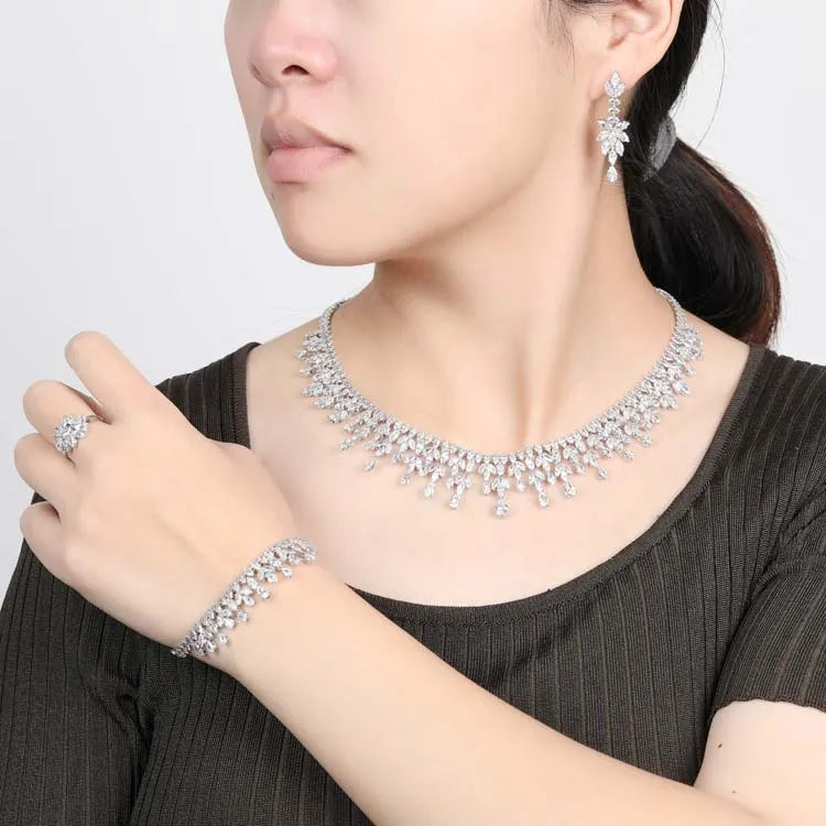 Cubic Zirconia Women Water-drop Jewelry Set BN8593 Necklace Bracelet Earrings And Ring Birthday Gift