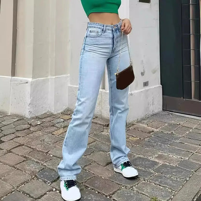 Women's light blue washed straight jeans
