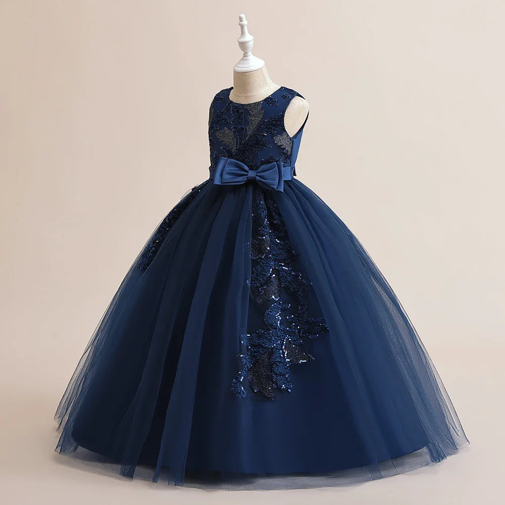 Elegant Party Bridesmaids Girls Dresses Summer Bow Flower Wedding Princess Prom Dress for Girl Tulle Evening Christmas Costumes