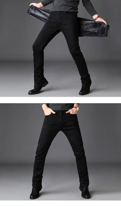 2025 New Business Casual Trousers Grey Fleece Men Clothes Black Blue Elasticity Warm Winter Jeans Velvet Jeans 28-40