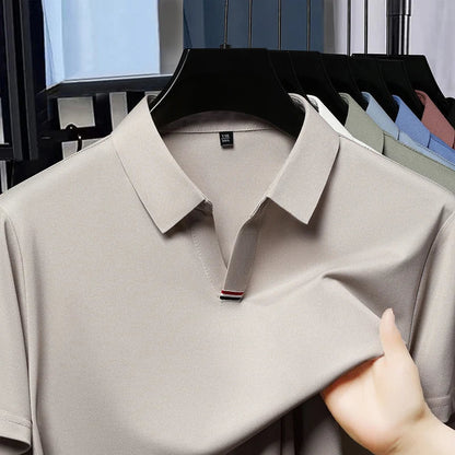 High quality brand solid color V-neck short sleeve polo shirt men summer fashion simple casual ice silk breathable lapel T-shirt