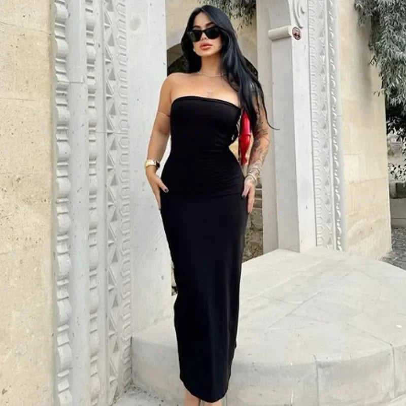 Womens Strapless Dresses Summer Off White Black White Dress Midi Ruffled Off Shoulder Backless Dress Prom Vestidos 066