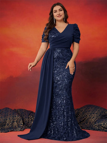 Plus Size Elegant V-neck Sequins Evening Dress Women Short Sleeves Mermaid Formal Luxury Party Streamer Prom Dress