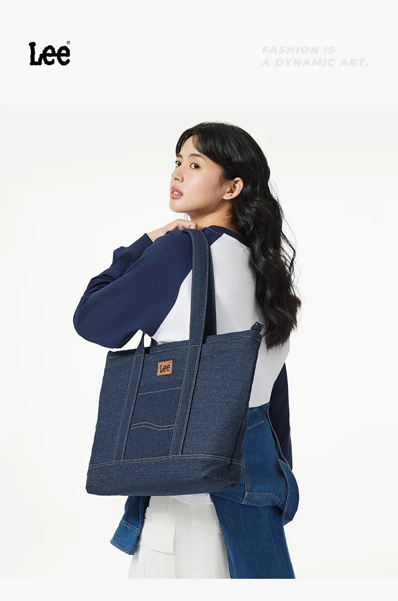 Unisex Utility Canvas Leather Zipper Tote Bag Casual Denim Daily Shopping Handbag Women Man Durable Student School Book Bag