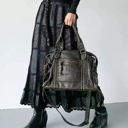 Braided Trim Black Leather Tote Bag with Gold Rivets & Front Zipper Pocket - Top Handle Work Purse for Women, Briefcase ﻿ ﻿