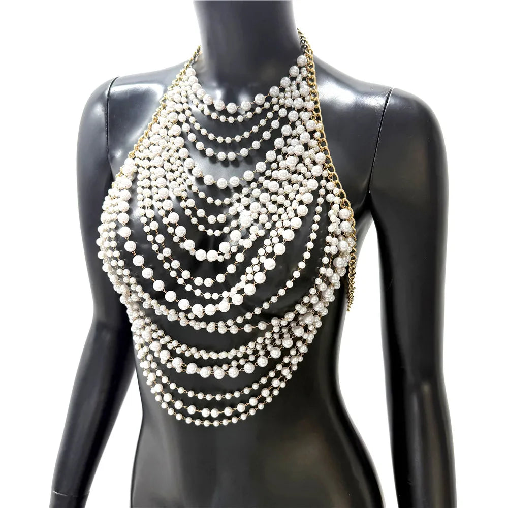 Elegant Tassel Pearl Chain Women Tank Top Body Chain Sexy Hollow Out See Through Backless Halter Neck Crop Top Party Club Camis
