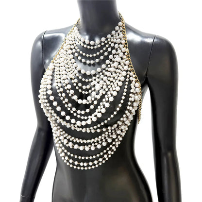Elegant Tassel Pearl Chain Women Tank Top Body Chain Sexy Hollow Out See Through Backless Halter Neck Crop Top Party Club Camis