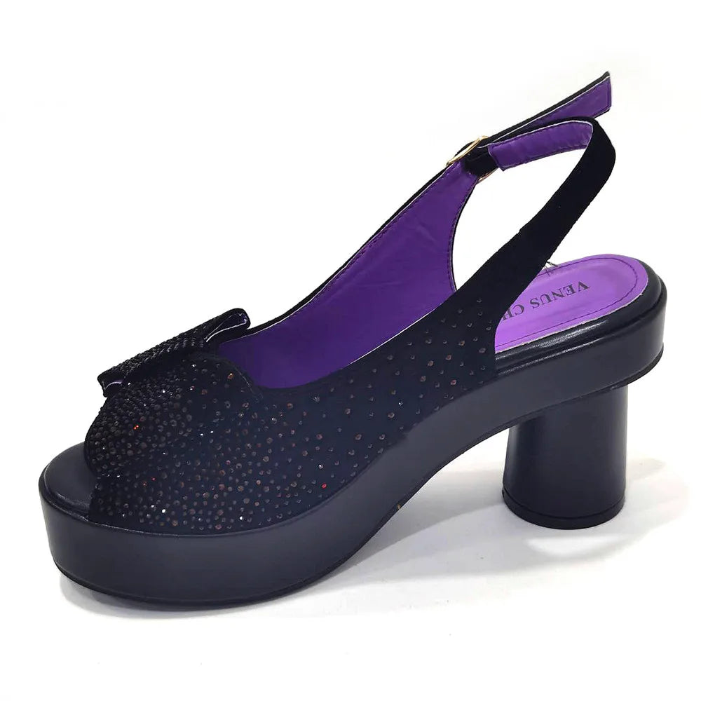 Silver Fashion Square Heels with Platform African Women Shoes and Bag Set Full Crystal Pumps for Wedding Party