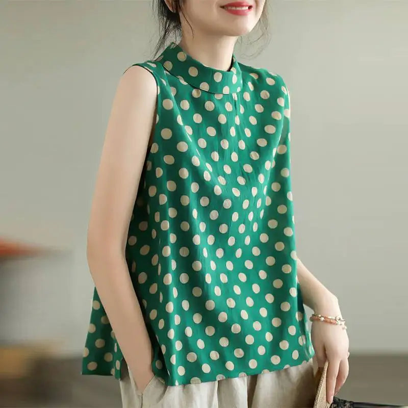 Women Dots Tank Tops 2024 Summer Sleeveless Camis Blouse Korean Fashion Round Neck Shirt Casual Loose Round Neck Tunics