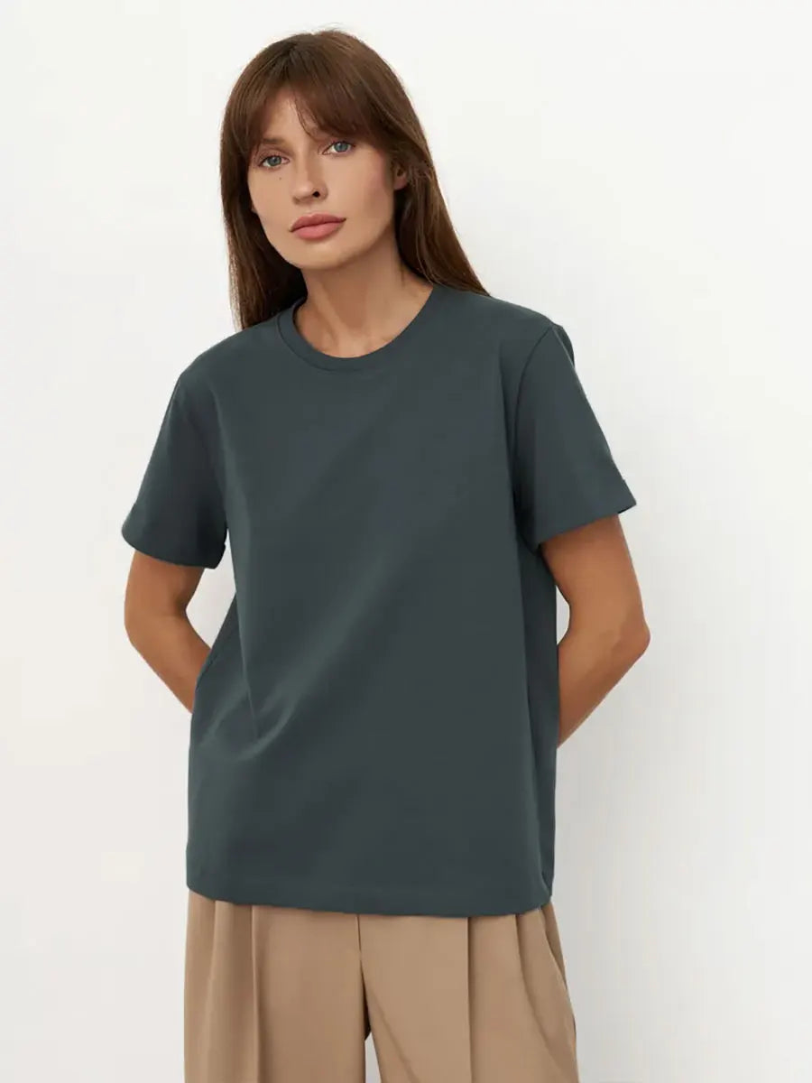 Summer 100% Cotton Women's T-shirt Bottoming Basic Fashionable Solid Lady Short Sleeve Loose Tops Shirts 230g/㎡ Tops