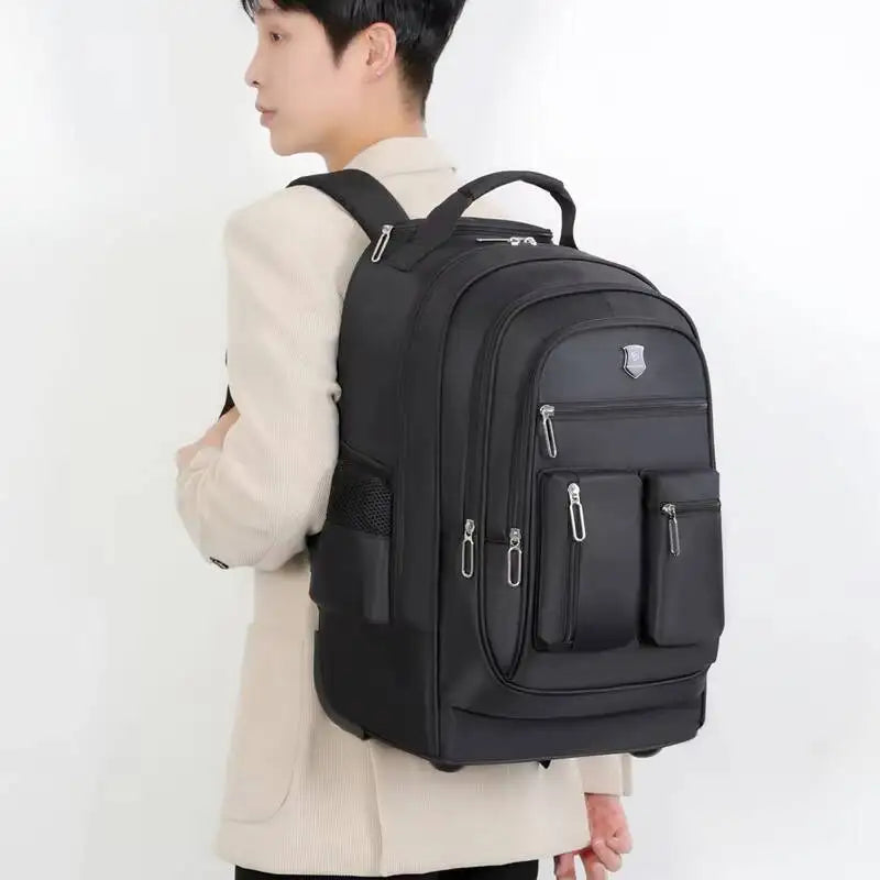 Large Capacity Travel Backpack With Wheels Hidden Pull Rod Waterproof Carry On Luggage Weekend Travel Bag For Men Business Trip