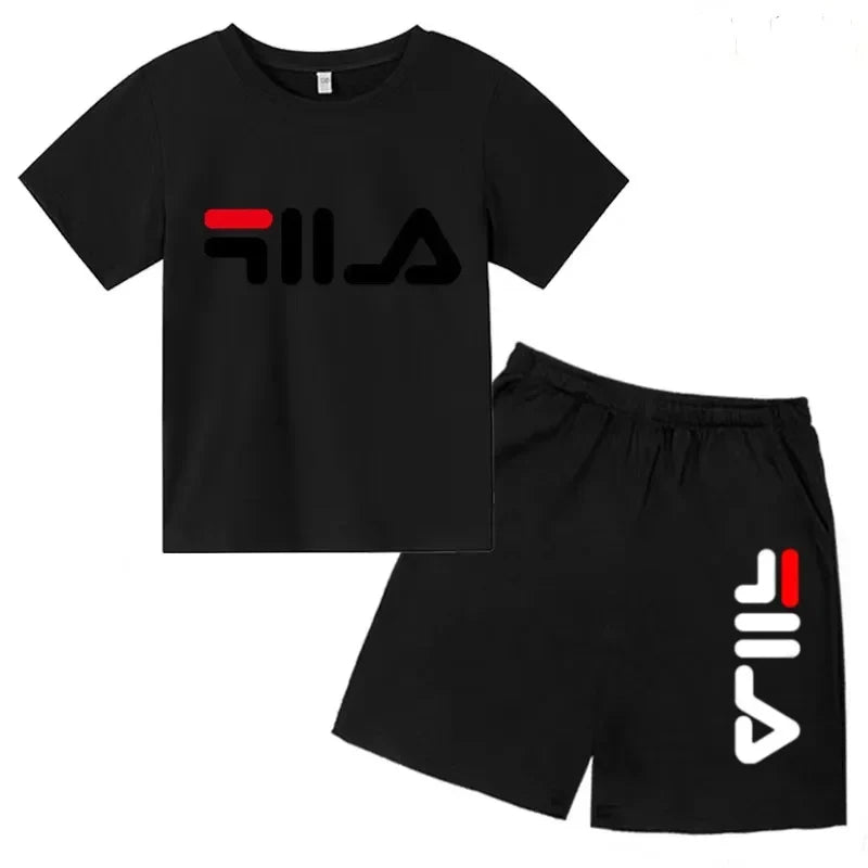 Kids Gift Sports Short-Sleeved Round Neck Black Letters Fashion White T-shirt+Shorts Summer Boy Girl Casual Outdoor Jogging Suit