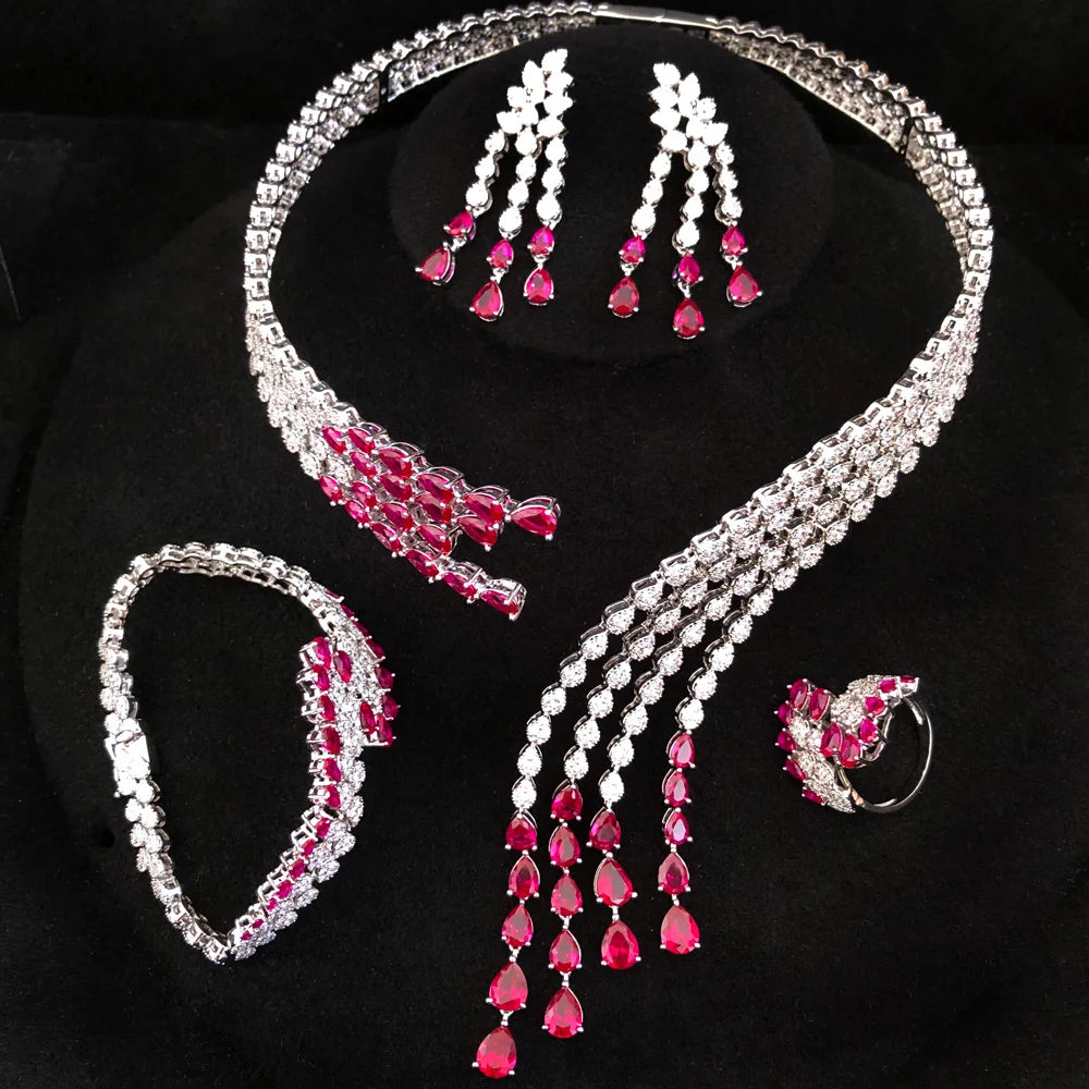 Trendy 4PCS Luxury Turquoise Statement Jewelry Sets For Women Wedding Cubic Zircon Indian African Dubai Bridal Necklace