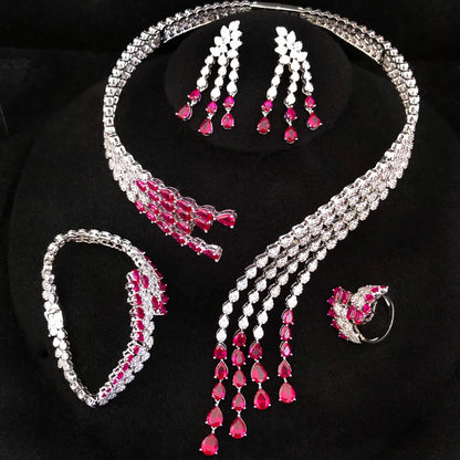 Trendy 4PCS Luxury Turquoise Statement Jewelry Sets For Women Wedding Cubic Zircon Indian African Dubai Bridal Necklace