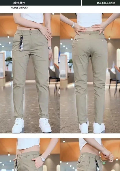 Summer Pants Ice Silk Men's Casual Simple Khaki Black Slim Straight Stretch Trousers Business Casual Male Clothing Pant