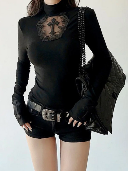 Blusa Gola Alta Y2k Roupa Gótica Preta Cruz Vazada Blusa Fina Camisa Base Feminina Manga Comprida Camiseta Sexy Blusas para Meninas