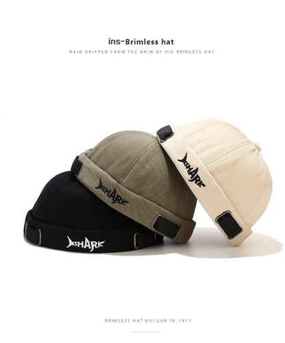 Embroidery Docker Cap Without Visor Shark Letter Brimless Caps Beanies Dome Adjustable Skullcap Solid Color Fashion Hat