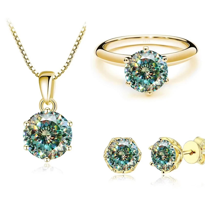 1Carat Moissanite Jewelry Set For Women Sterling S925 Silver Gold Plated Necklace Earrings Ring GRA Certified Wedding