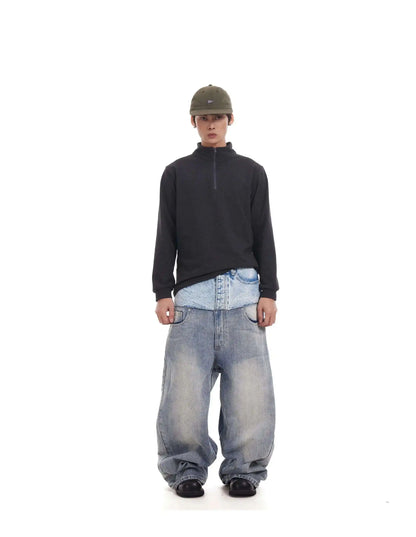 Niche Colorblock Patchwork Wide Leg Blue Jeans Men's Spring 2025 New Straight Double Waist Design Denim Trousers 28W6048