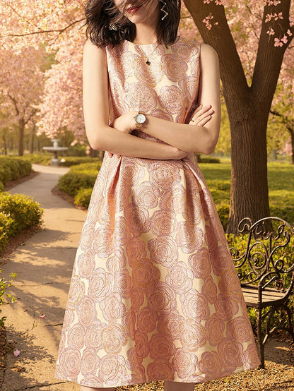 Elegant Women Sleeveless Summer Jacquard Boho Floral Vintage Ladies Party Clothes New A-Line Midi Dress Ladies Gowns