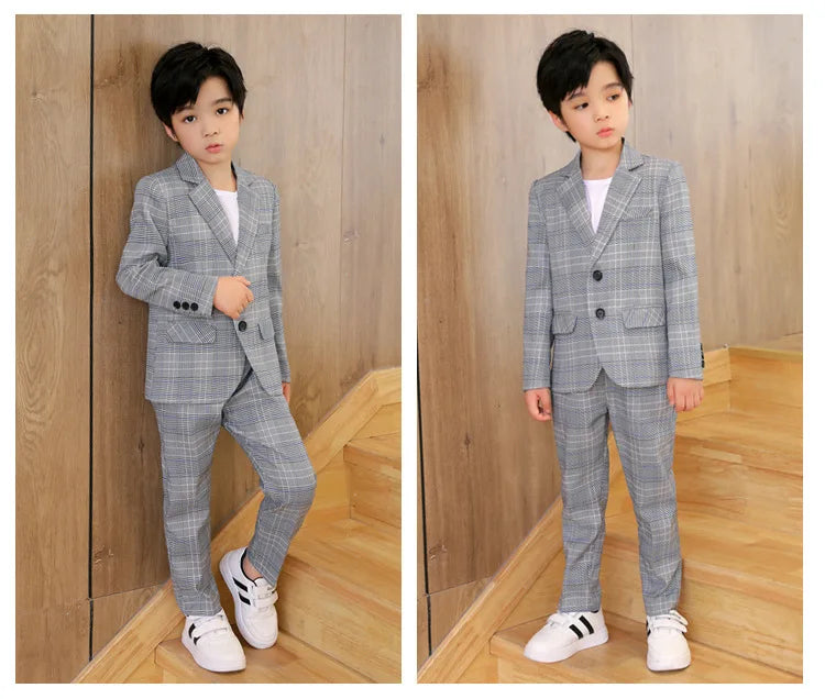 Spring Autumn Kids Boys Suits Elegant Children Boys Plaid Blazer Pant Suits Outfits Set Young Teenager Boys Formal Wedding Suits