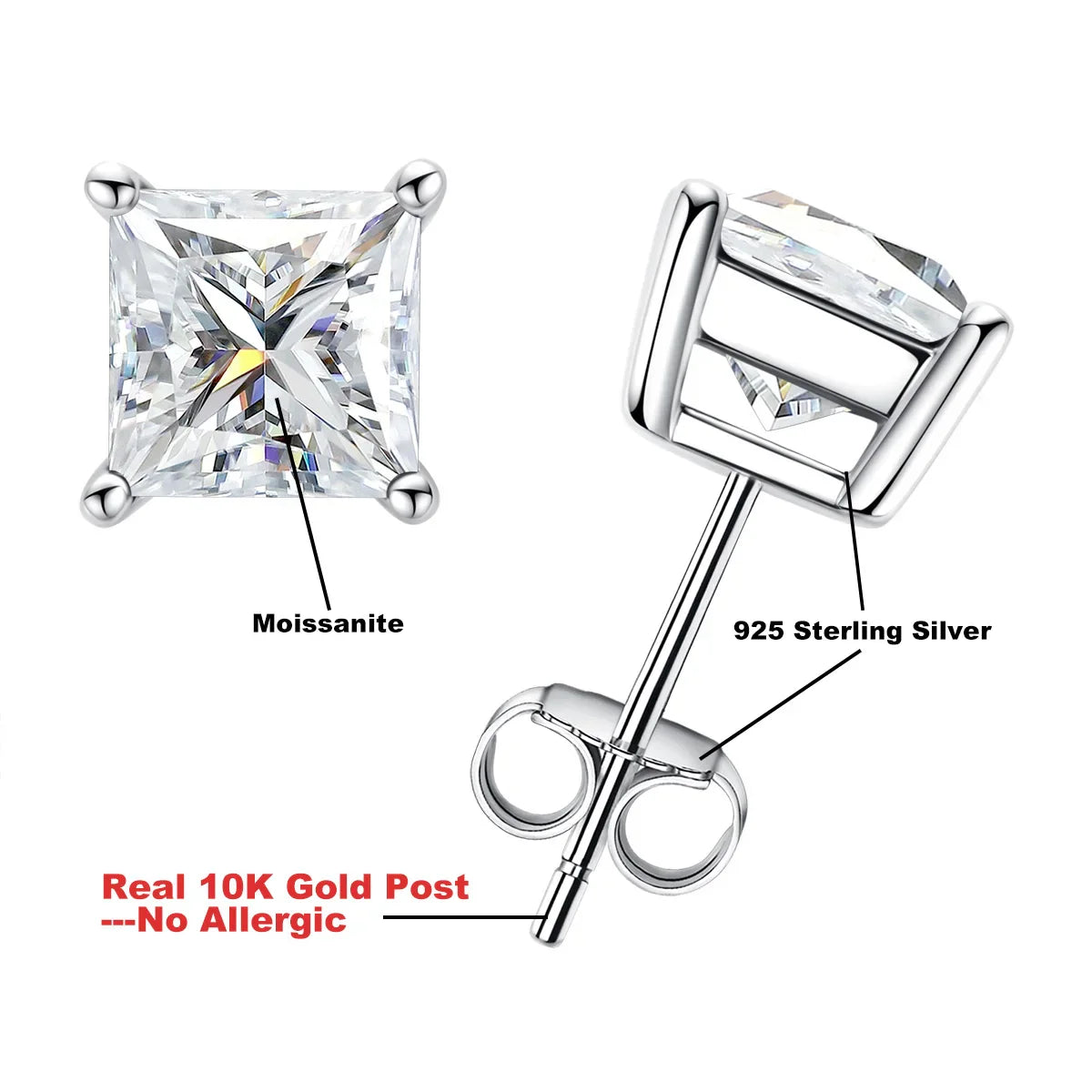 10k Gold Post 4/2/1.2ct Princess Moissanite Women Earrings 10K Gold Post Anti-allergy Stud Earrings For Men Jewelry