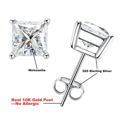 10k Gold Post 4/2/1.2ct Princess Moissanite Women Earrings 10K Gold Post Anti-allergy Stud Earrings For Men Jewelry