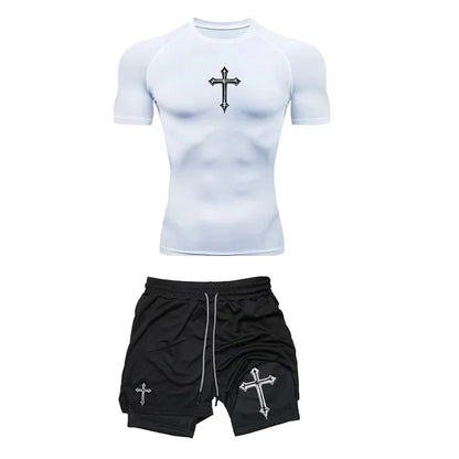 Jogging Breathable Compression Sportswear Summer Men's Training Two-piece Tight T-shirt Fitness Shorts Gym Workout Set RL0008