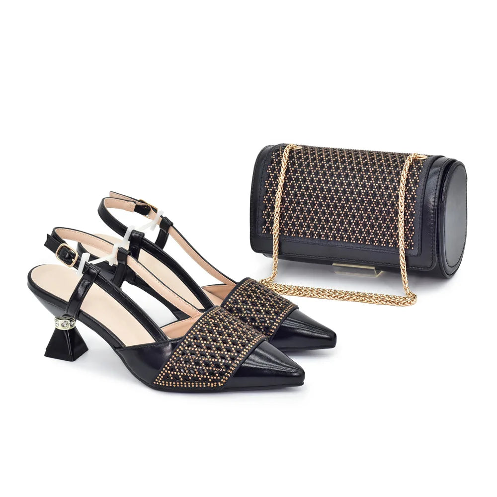 Fashion Women Italian Shoes and Matching Bags Sets Decorated with Rhinestone Fashion Party Shoes and Bag Match for Women