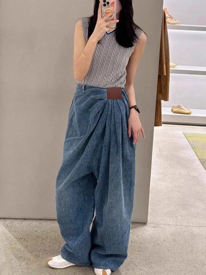 Wide Leg Denim Jeans Women Fashionable Drapey Floor-Length Pants
