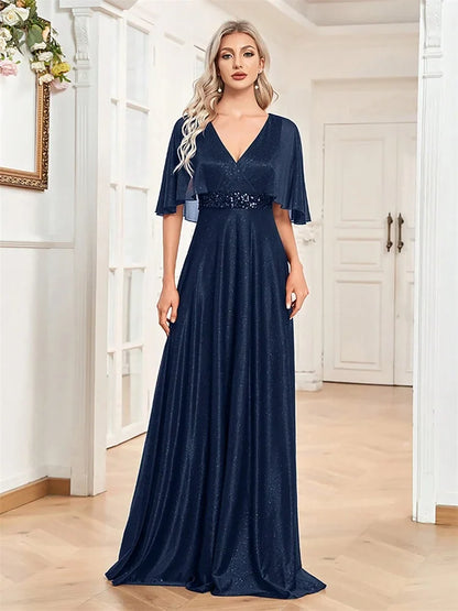 Vestidos de Festa Formais Elegantes com Decote em V e Manga Morcego, Longos e Luxuosos, com Lantejoulas para Mulheres, Casamento, Coquetel, Baile de Formatura