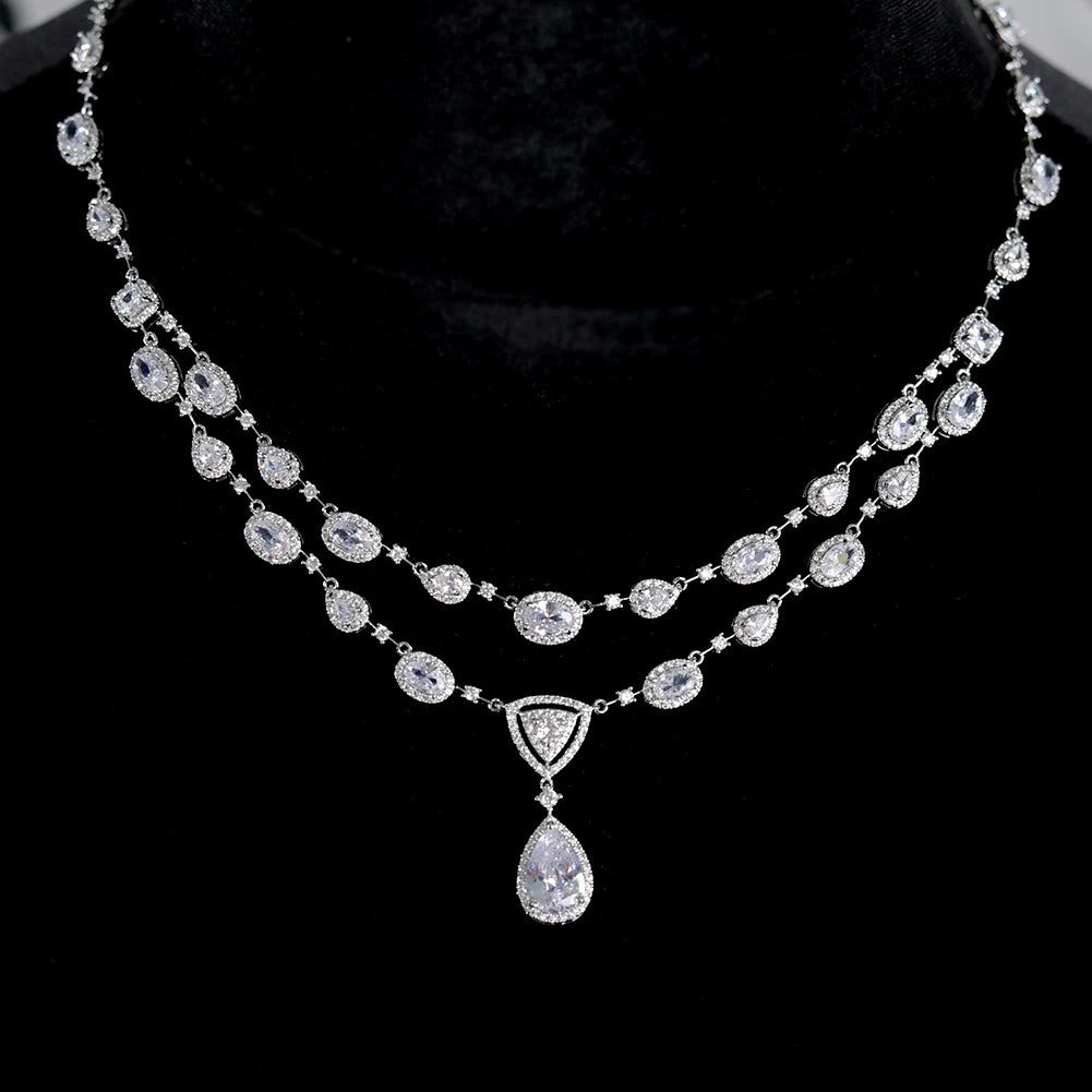 White Transparent Two-layer Water Drop 2PCS Crystal Necklace and Earring Zircon Jewelry Sets Wedding Party Bridal Accessories