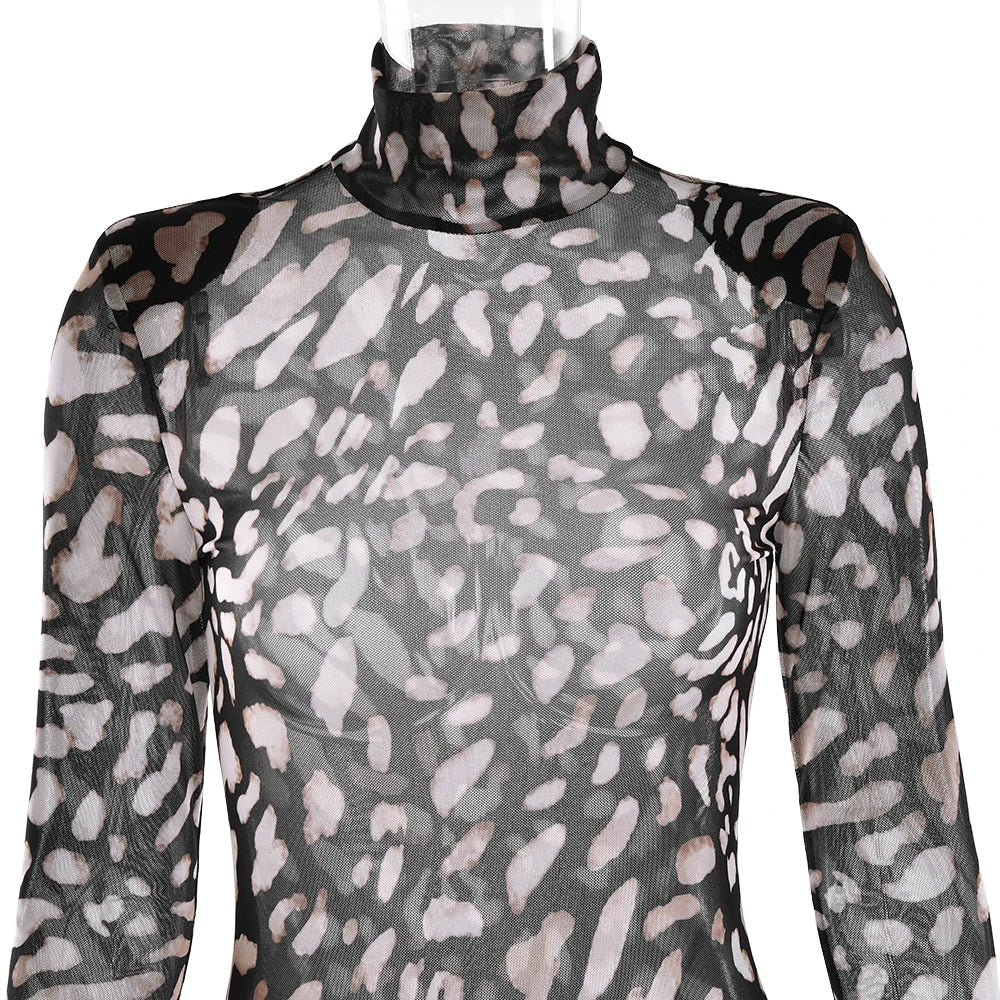 Sexy Sheer Print Leopard Bandage Women Dress Long Sleeve Mini Dress Lady Spring Slim Elegant Party Club Dress