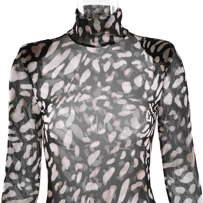 Sexy Sheer Print Leopard Bandage Women Dress Long Sleeve Mini Dress Lady Spring Slim Elegant Party Club Dress
