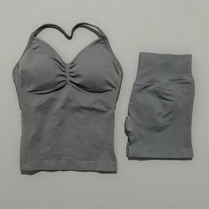 No Logo 2 Pies Sports Set Women Backless Tank Yoga Tops High Waist Scrunch Seamless Shorts Sport Gym Set Sportswear Workout Set