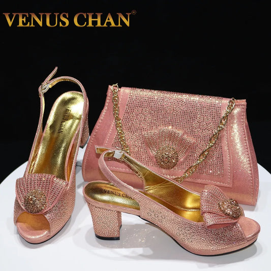 Latest Ladies Thin Heels Shoes and Bag Set Decorated with Rhinestones in Peach Color For Women Party Pump
