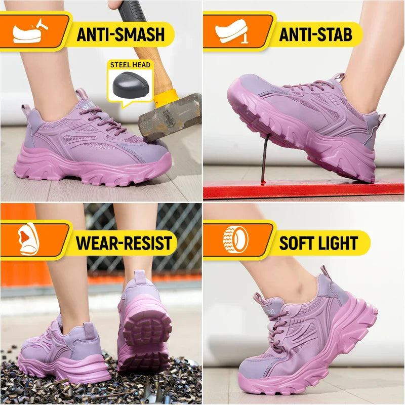 Lace-up Safety Work Shoes For Women Steel Head Boots Female Indestructible Construction Non Slip Platform Work Shoes